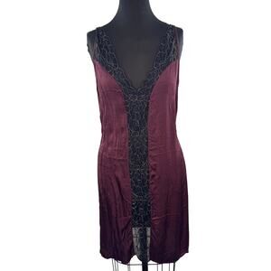 Intimissimi Black Burgundy Sleep Dress Floral Lace Deep V-Neck Spaghetti Strap S